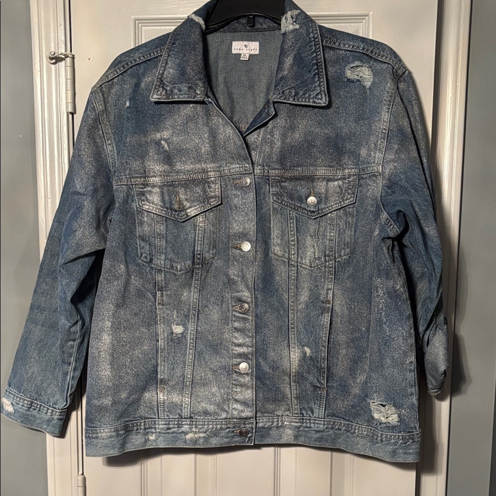 True Craft Faded Distressed Blue Jean Jacket with Sparkling Silver Wash